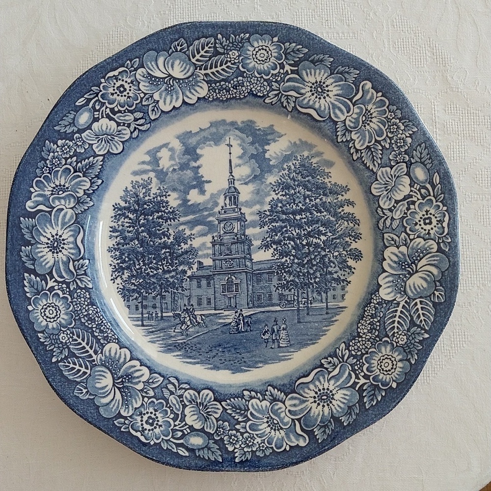 Vintage Liberty dependence Hall transferware ironstone blue and white 10" plate